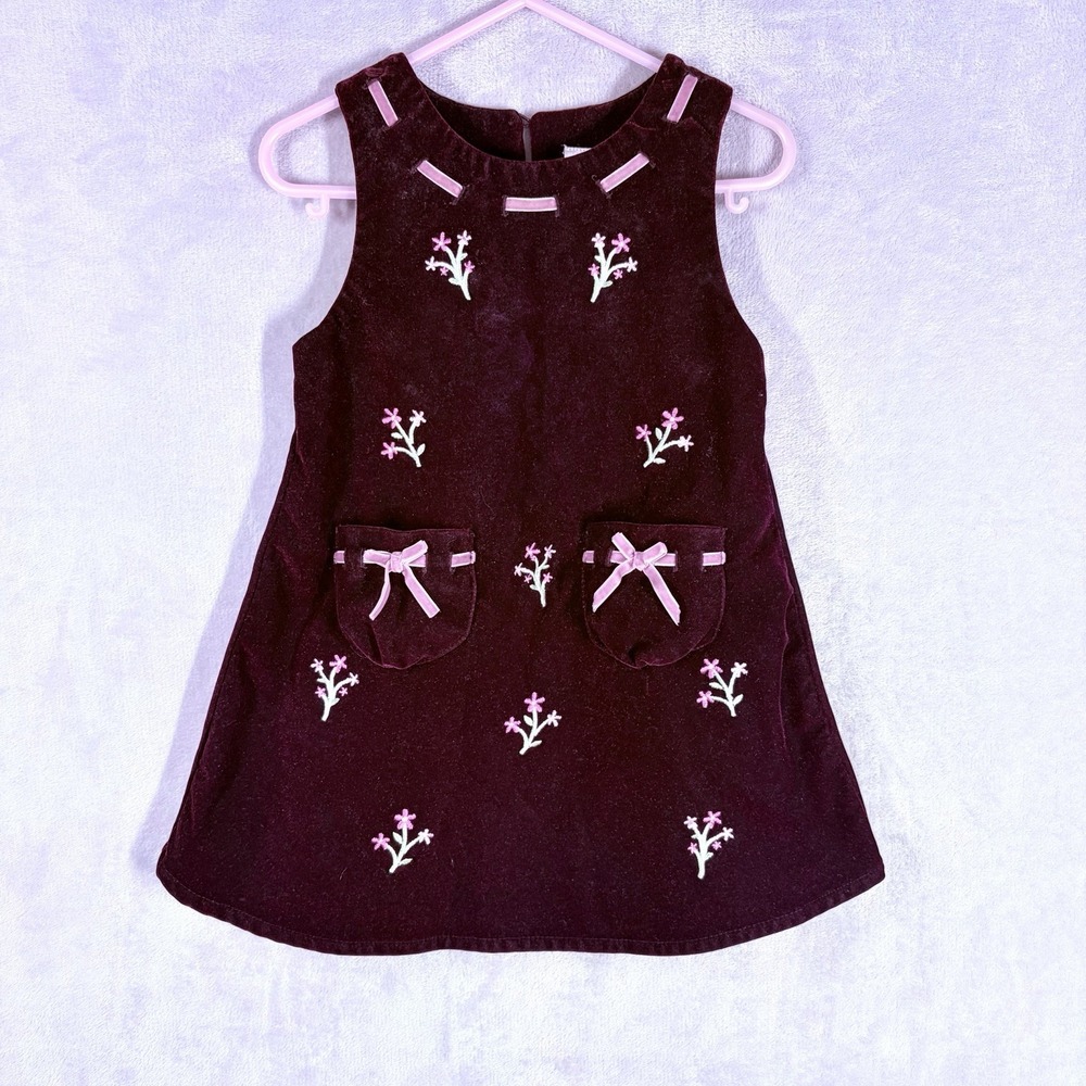 VTG Velvet Embroidered Jumper Dress Girls 2T  Maroon Pink Flowers Bows Girly 90s